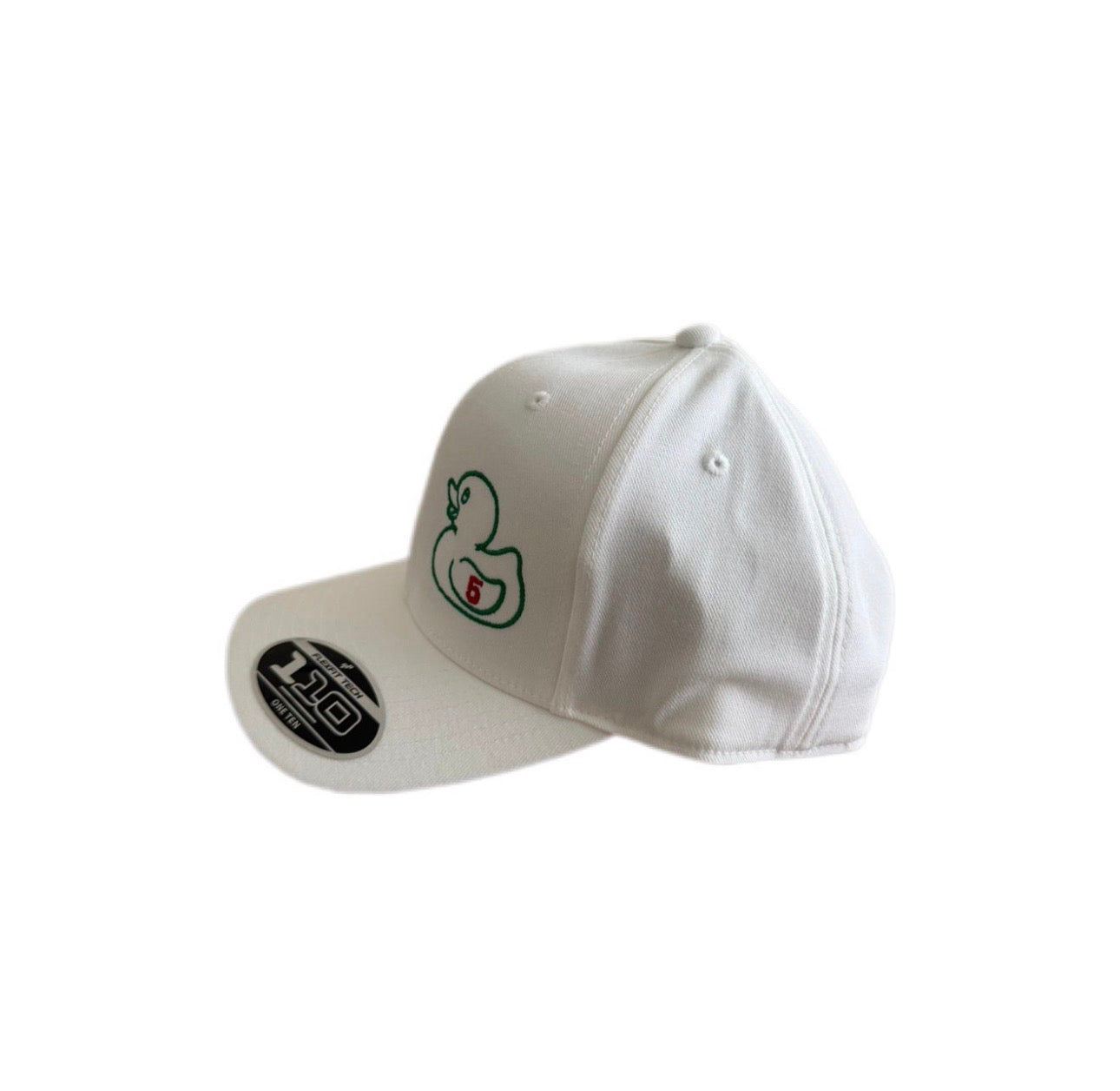 White Curved Bill Cap with Green Duckie and Red #5 in Front and Tricolor PO logo on side