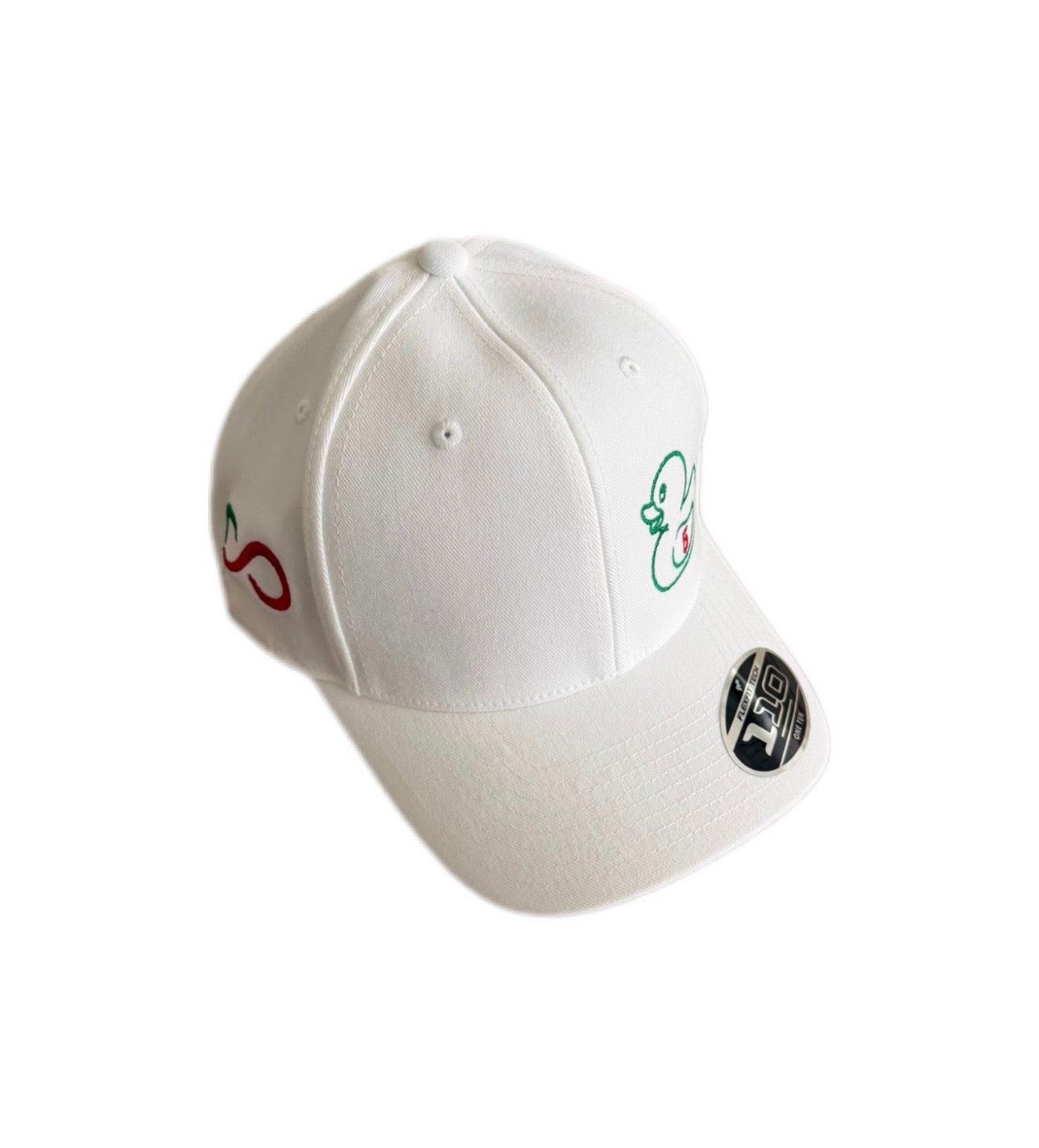 White Curved Bill Cap with Green Duckie and Red #5 in Front and Tricolor PO logo on side