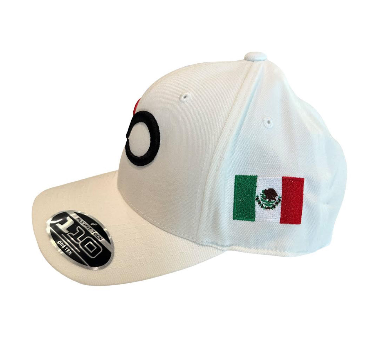 White Curve Bill Cap with PO logo 3D in front and #5 tricolor on side