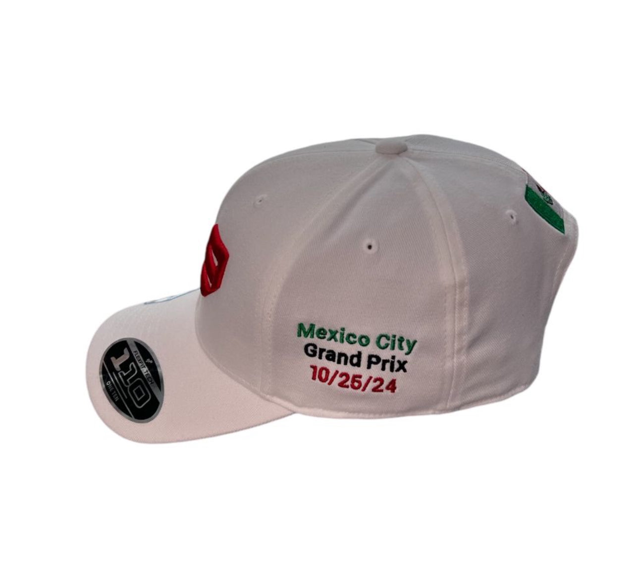 *LIMITED EDITION Tricolor* F1 Mexico City 2024 White Curved Bill Cap with #29 3D Green/Red in front and PO Green/Red on side.