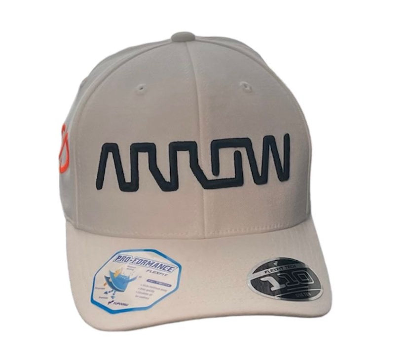 White Curved Bill Cap with ARROW logo in front and Neon PO logo on side