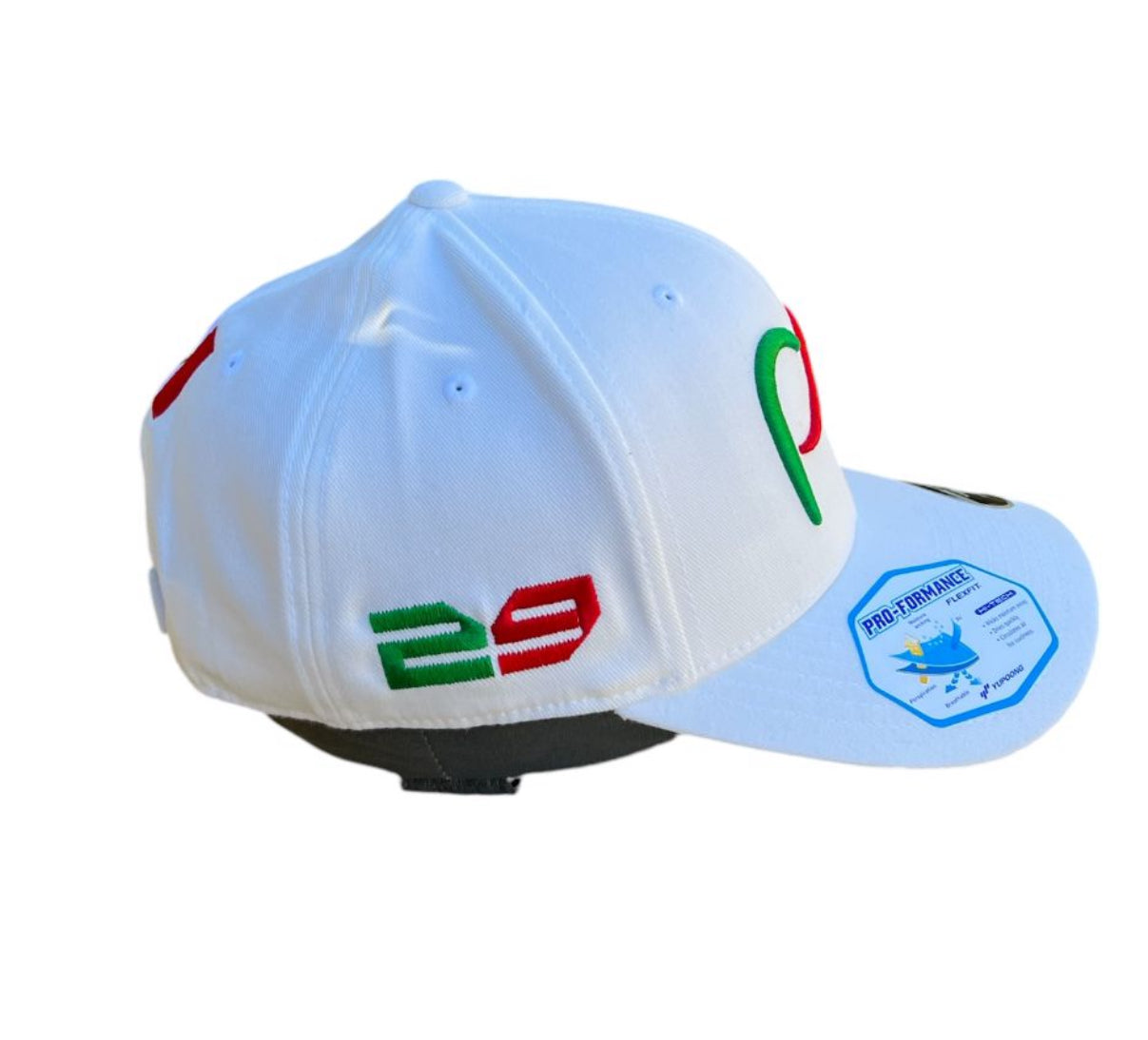 *LIMITED EDITION Tricolor* F1 Mexico City 2024 White Curved Bill Cap with PO 3D Green/Red in front and #29 Green/Red on side