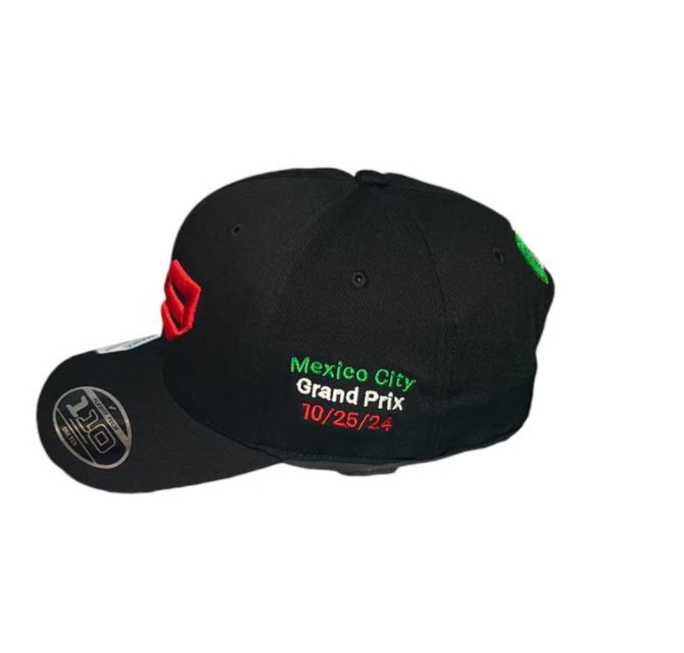 *LIMITED EDITION TRICOLOR* F1 Mexico City 2024 Black Curved Bill Cap with #29 3D Green/Red in front and PO Green/Red on side.