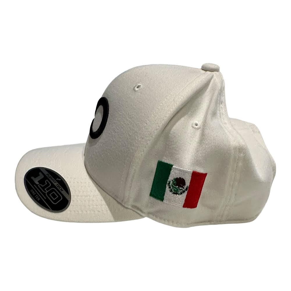 White Curved Bill Cap with PO logo 3D in front and #5 tricolor on side