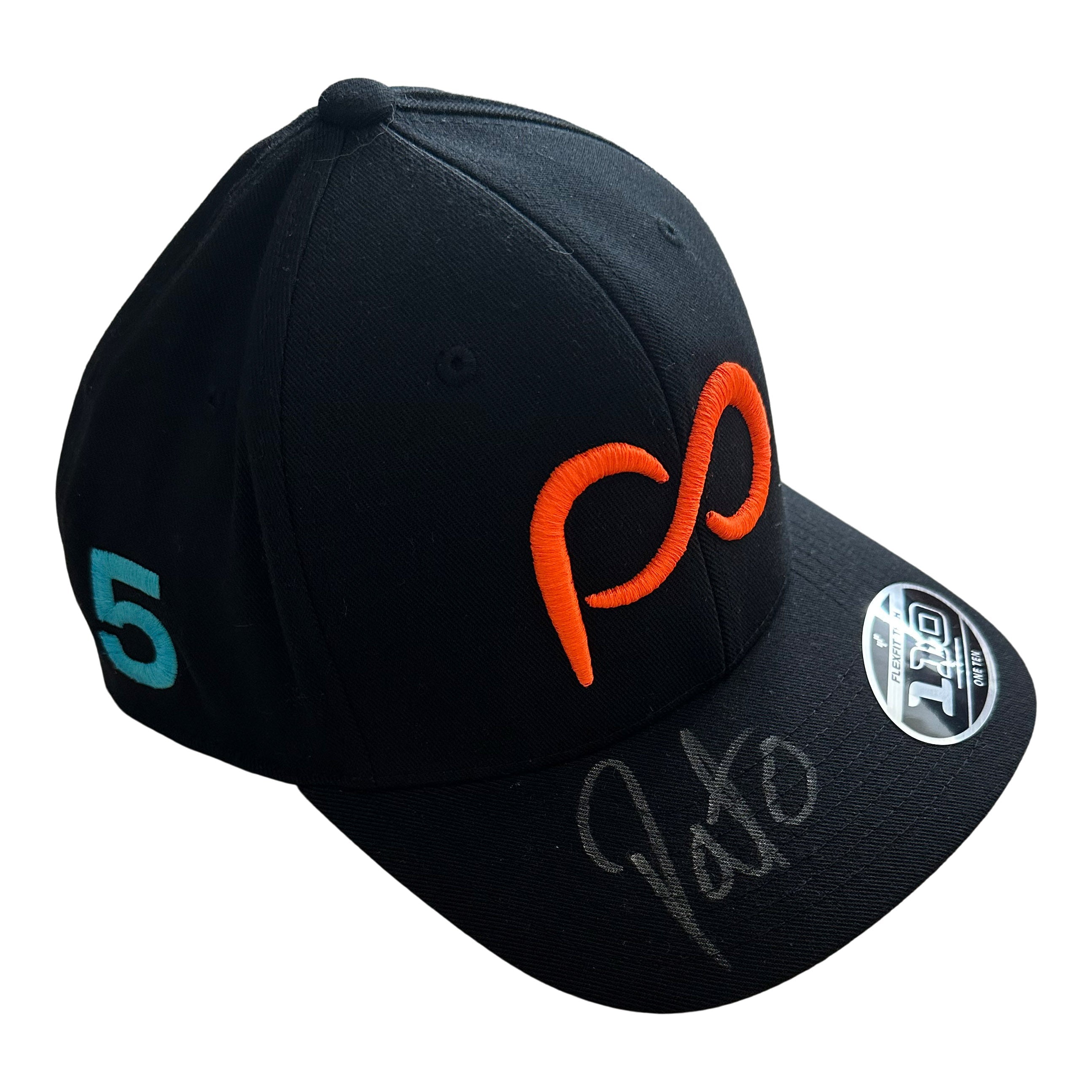 *Autographed* Black Flat Bill Cap with PO Neon 3D logo in front and #5 blue on side