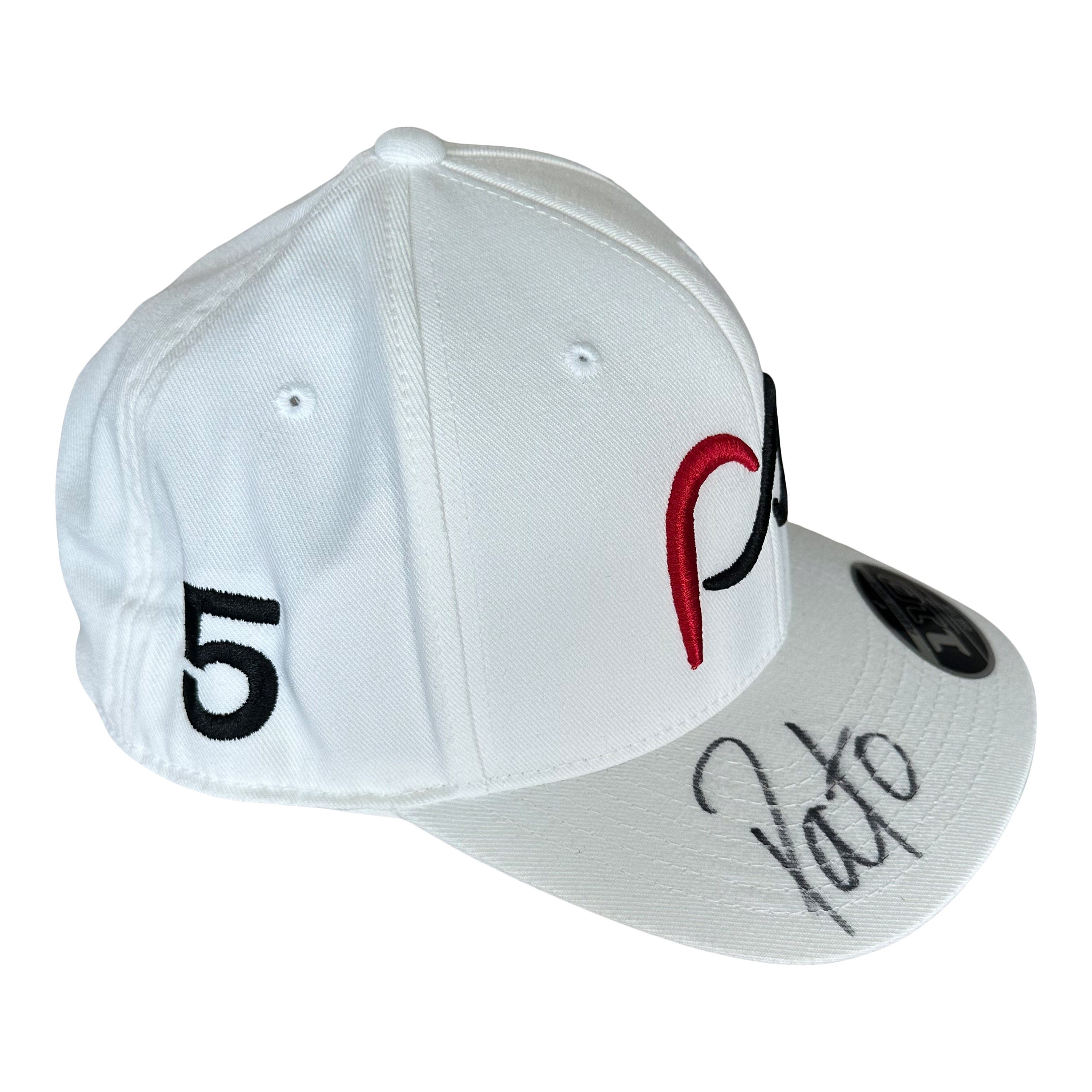 *Autographed* White Curve Bill Cap with PO logo 3D in front and #5 black on side