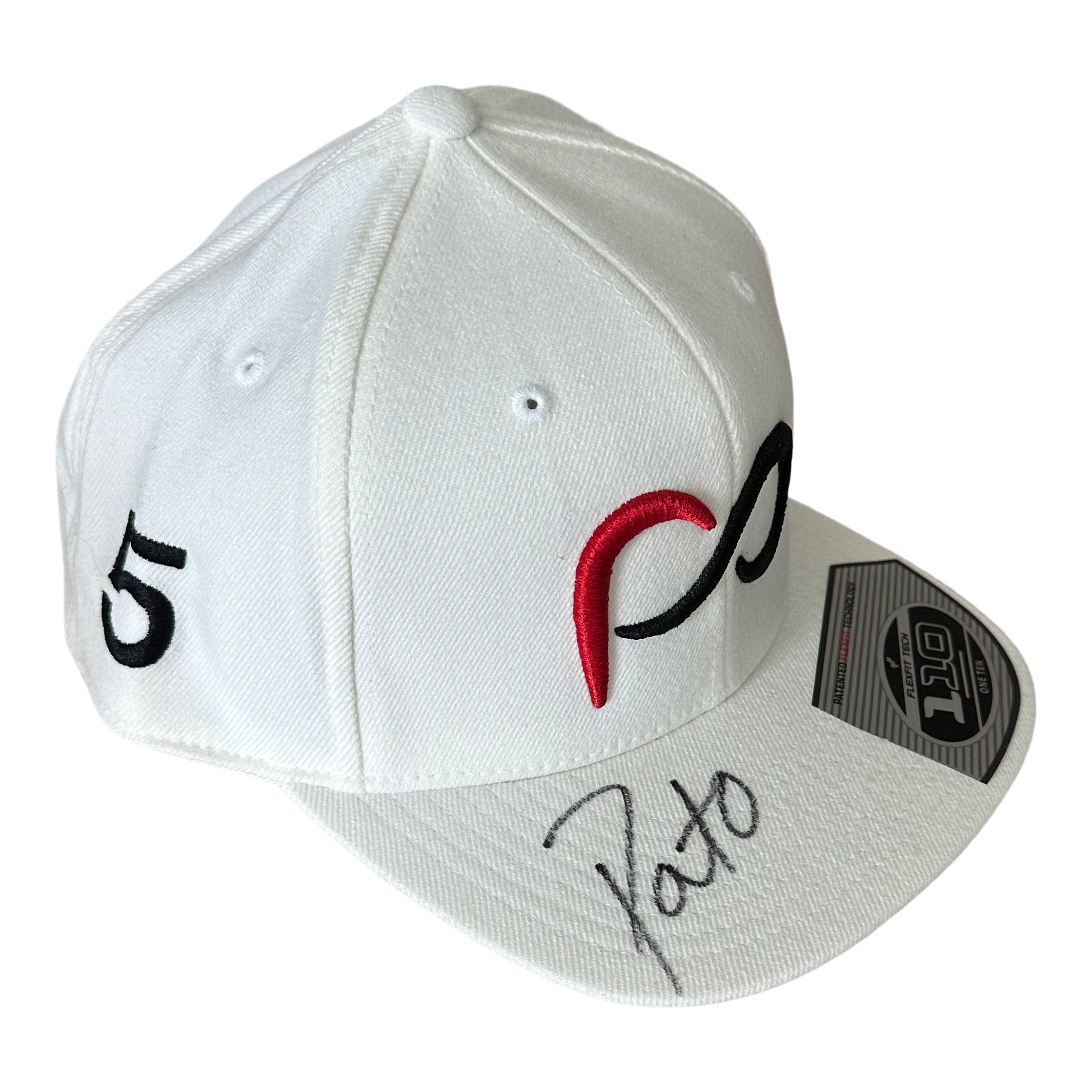 *Autographed* White Flat Bill Cap with PO logo 3D in front and #5 black on side